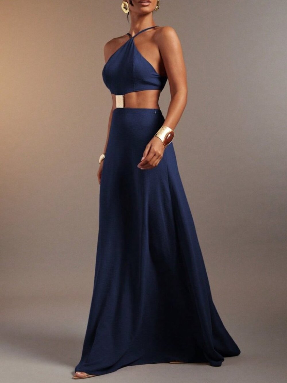 Navy Halter Cutout Maxi Dress with Gold Rectangle Waist Detail